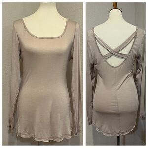 easel Long Sleeve Tissue T-shirt Open Crisscross Back Tan Size L